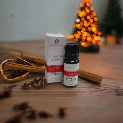 Aureal Christmas Spice essential oil 10ml bottle and box with cinnamon and orange