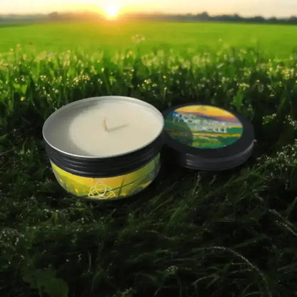 Irish Morning Dew tin candle and its lid on grass at sunrise