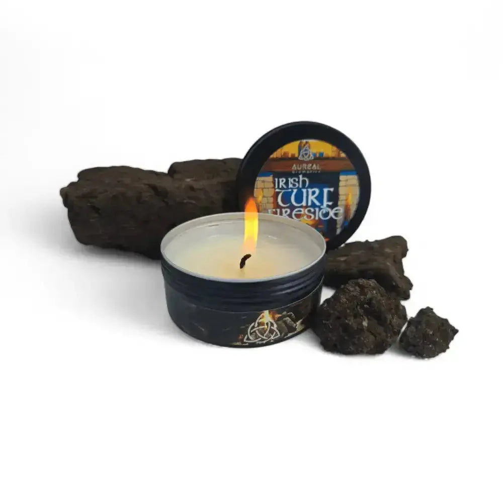 Irish Turf Candle by fireplace
