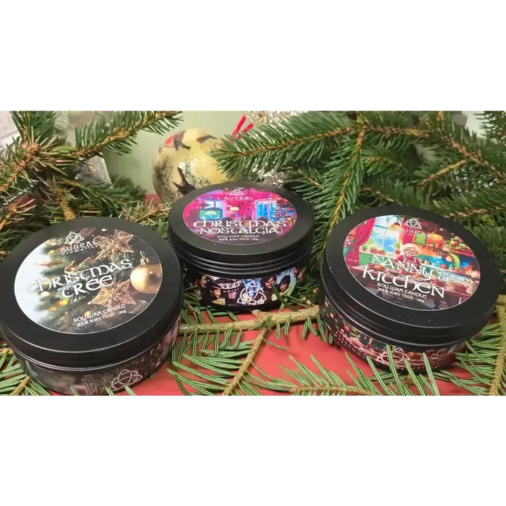 Christmas Tree, Christmas Nostalgia and Nanny's Kitchen candle tins on pine branches