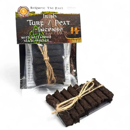 Irish Turf Peat Incense pack with reclaimed slate burner and turf sods tied with twine
